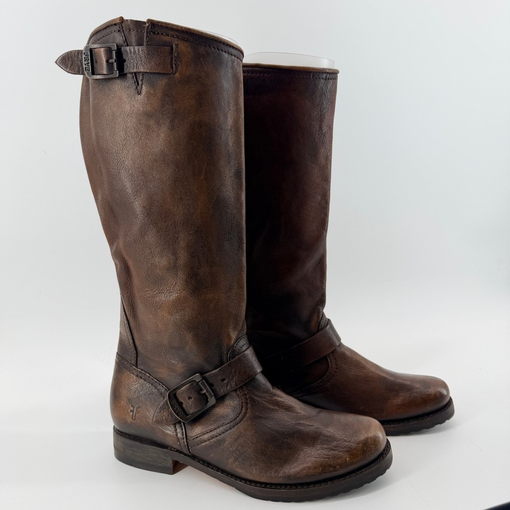 FRYE Veronica Slouch Tall Brown Leather Moto Engineer Boots Womens 8.5 77609